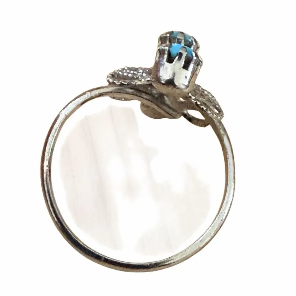 Vintage Adjustable Silver Tone Blue Glass Filigree Ring - Floral Design